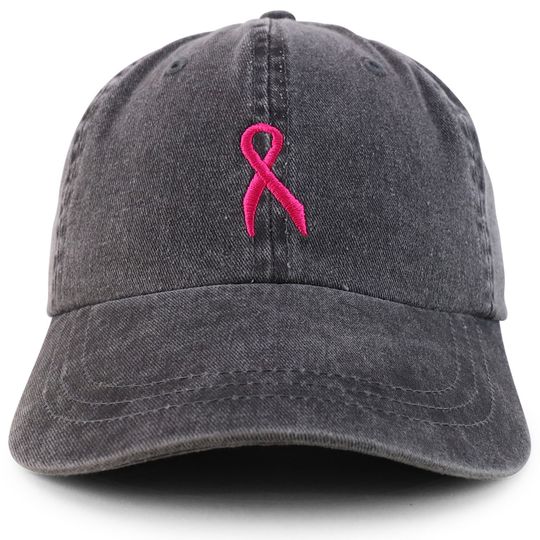 Small Breast Cancer Awareness Ribbon Embroidered Washed Cotton Cap