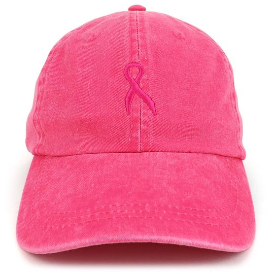 Small Breast Cancer Awareness Ribbon Embroidered Washed Cotton Cap