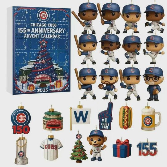 Chicago Cubs Gift Box Advent Calendar, 2D Acrylic Mini Figures, Christmas Countdown Advent Calendar Gift Box With 24 Acrylic Ornaments
