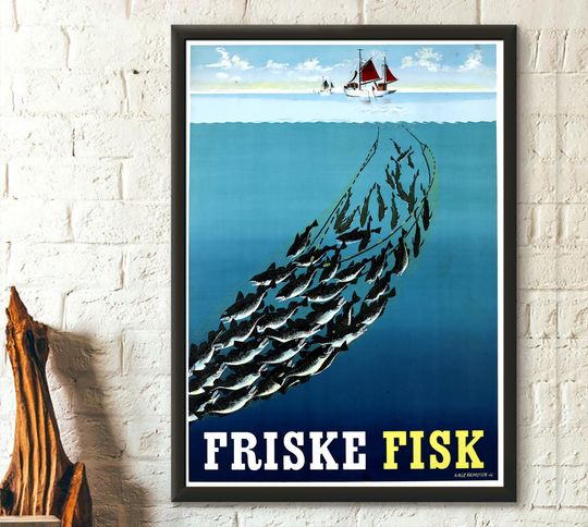 Friske Fisk - Vintage Food Poster Fishing Poster Kitchen Wall Art Kitchen Decor