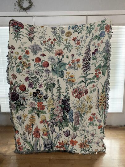 Adolphe Millot Woven - Fleurs Floral Tapestry,  Woven Flower Throw - Vintage Flower Bohemian Blanket  - in Cotton for Meditation or Yoga