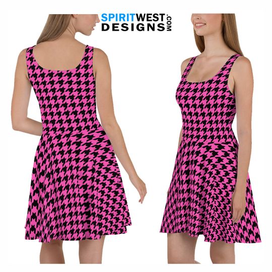 Pink Houndstooth Christmas Dress | Holiday Skater Dress  | Party Cosplay Costume