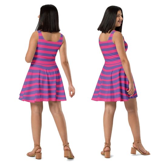 Pink Purple Stripes Cheshire Cat Costume Dress, Cosplay Halloween Dance Activewear