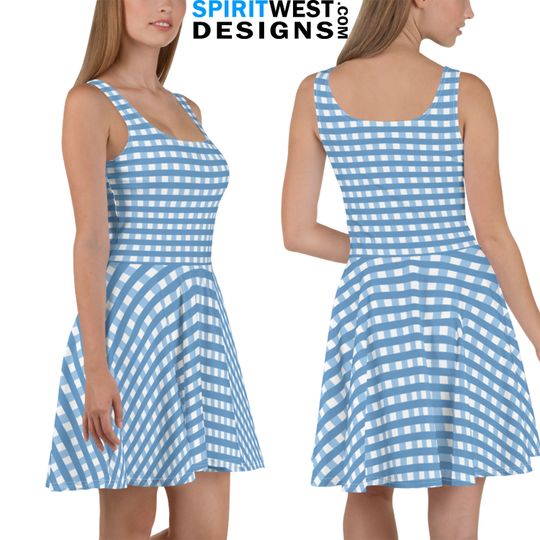 Blue Printed Gingham Pattern Skater Dress| Dorothy Cosplay Halloween Costume