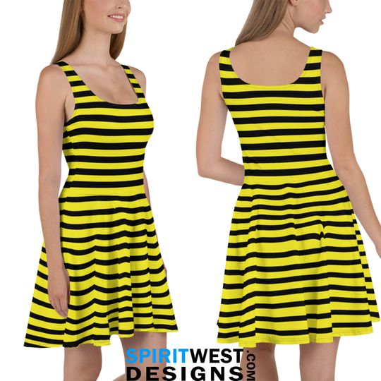 Bumblebee Costume Dress Skater, Honey Bee Cosplay Halloween Beekeeper Hornet Wasp Insect Yellow Black Striped Gardener