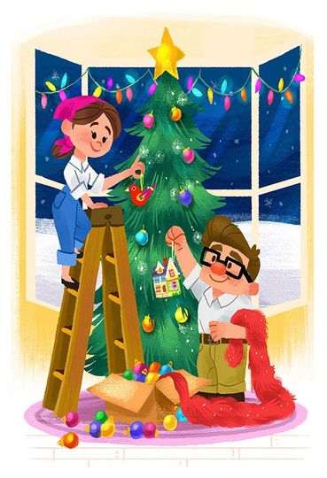 Disney UP Carl and Ellie Pixar Christmas Tree Presents Poster