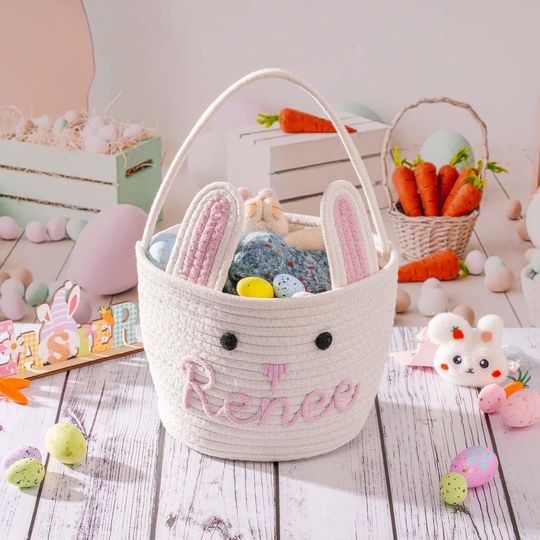 Personalized Easter Basket, Bunny Baskets Baby Name Basket, Boy Girls Egg Hunt Bucket Gifts