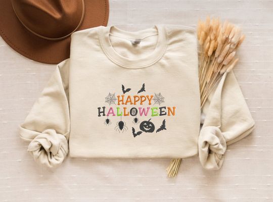 Happy Halloween Sweatshirt, Embroidered Halloween Crewneck Sweater