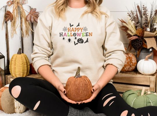 Happy Halloween Sweatshirt, Embroidered Halloween Crewneck Sweater