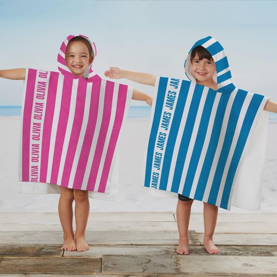 Personalized Kids Classic Striped Beach Poncho Towel  Children's Striped Hooded Towel  Custom Name Pool Towel for Kids