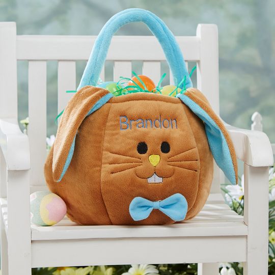 Personalized Easter Bunny Basket  Custom Name Plush Bunny Easter Basket  Embroidered Kids Egg Hunt Bag  Baby's First Easter Bunny Gifts