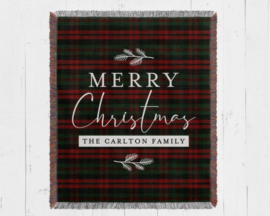 Custom Woven Christmas Blanket, Merry Christmas Personalized Tapestry Throw Blanket with name, plaid holiday decor decorations gift for mom