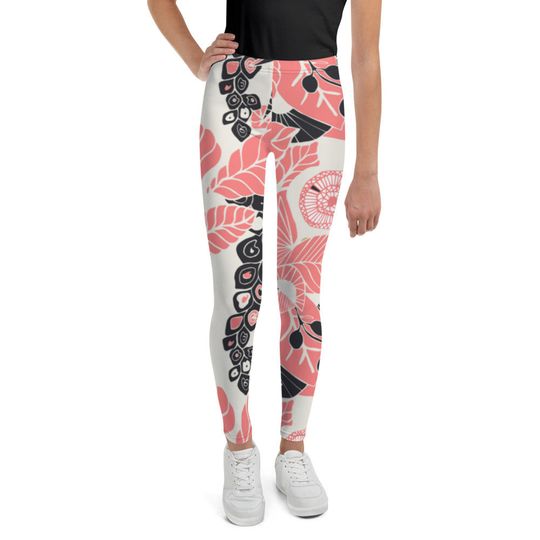 Coral Pink Floral Print Youth Leggings
