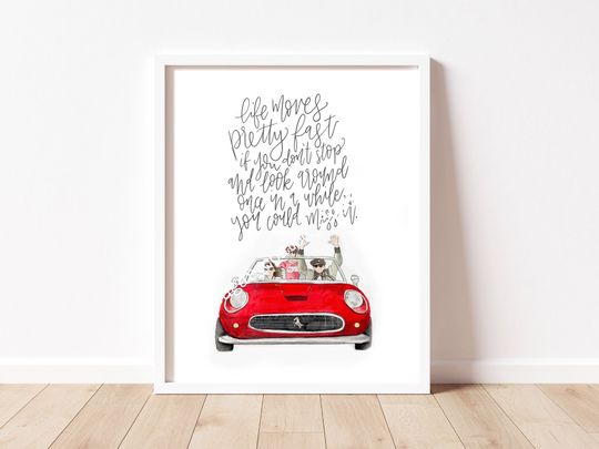 Ferris Buellers day off watercolor print, Ferris Bueller quote, living life quote, movie print