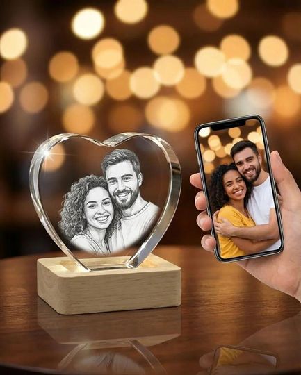 Personalized 3D Photo Heart Crystal, Laser Engraved Keepsake