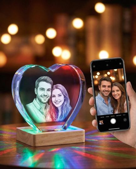 Personalized 3D Photo Heart Crystal, Laser Engraved Keepsake