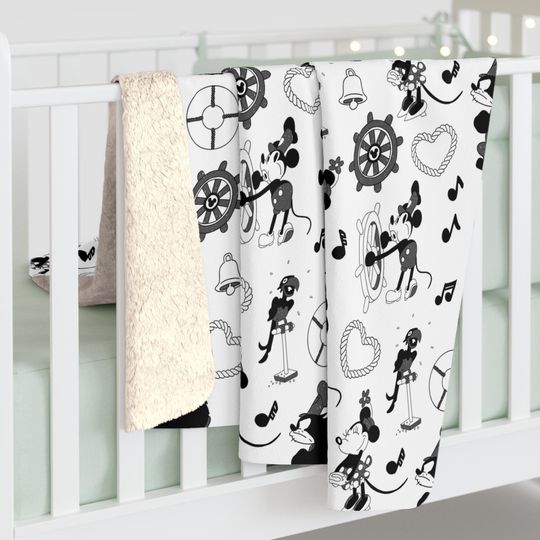 Steamboat Willie Inspired Sherpa Fleece Blanket Throw Hand Drawn Art Gift Disneyland Ride World Kingdom Mickey Mouse pete