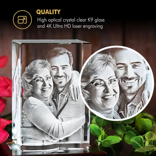 Custom 3D Photo Glass, 4K HD Laser Etched, Anniversary Gift, Gift for Couples, Holiday Gift Idea, Pet Lovers Decor | 3D Crystal Rectangle