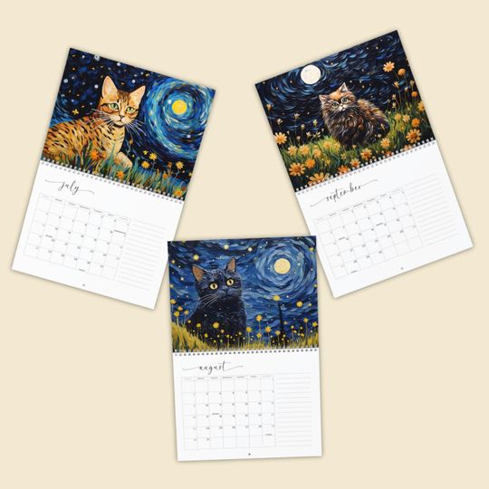 2026 Cat Art Wall Calendar, Van Gogh Starry Night