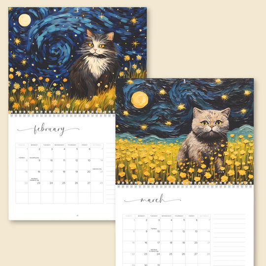 2026 Cat Art Wall Calendar, Van Gogh Starry Night