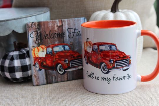 Vintage Fall Truck Coffee Mug & Coaster Set, Fall Coffee Mugs, Fall Gift Ideas, Fall Coasters, Gift Sets, Fall Coffee Cups