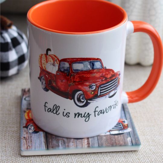 Vintage Fall Truck Coffee Mug & Coaster Set, Fall Coffee Mugs, Fall Gift Ideas, Fall Coasters, Gift Sets, Fall Coffee Cups