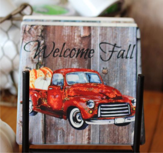 Vintage Fall Truck Coffee Mug & Coaster Set, Fall Coffee Mugs, Fall Gift Ideas, Fall Coasters, Gift Sets, Fall Coffee Cups