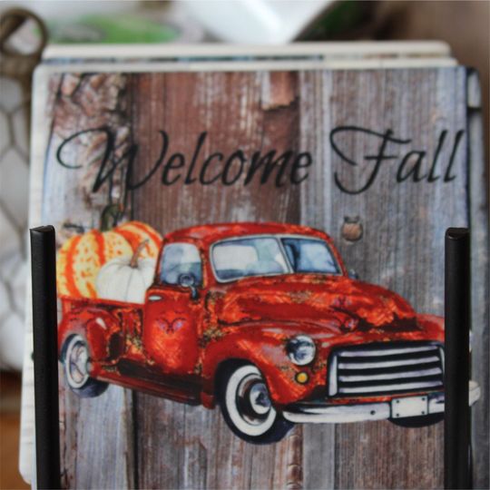 Vintage Fall Truck Coffee Mug & Coaster Set, Fall Coffee Mugs, Fall Gift Ideas, Fall Coasters, Gift Sets, Fall Coffee Cups