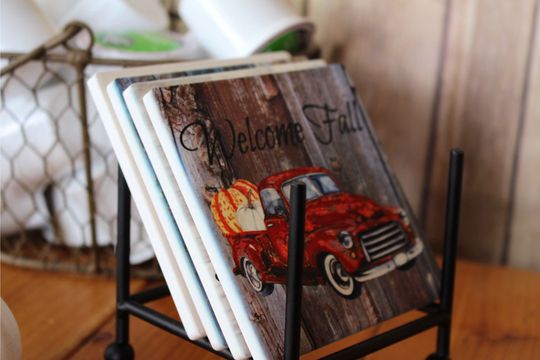 Vintage Fall Truck Coffee Mug & Coaster Set, Fall Coffee Mugs, Fall Gift Ideas, Fall Coasters, Gift Sets, Fall Coffee Cups