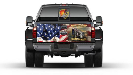 American Flag Wavy  Stand for the Flag Kneel for the Cross Patriotic Tailgate Truck Bed Decal