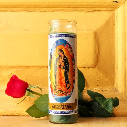 Ritual Prayer 7 Day Candle, Shrine, Altar Virgin Mary Glass Pillar Virgin de Guadalupe Alternative Mexican Wedding Day of the Dead Halloween