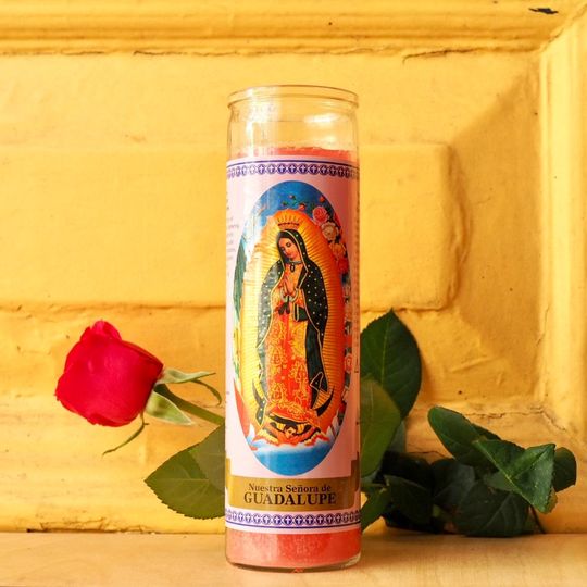 Ritual Prayer 7 Day Candle, Shrine, Altar Virgin Mary Glass Pillar Virgin de Guadalupe Alternative Mexican Wedding Day of the Dead Halloween