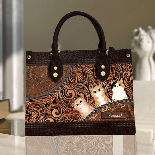 Cat Personalized Leather Handbag, Personalized Gift for Cat Lovers, Cat Mom, Cat Dad Leather Bag ,Women Personalized Leather bag