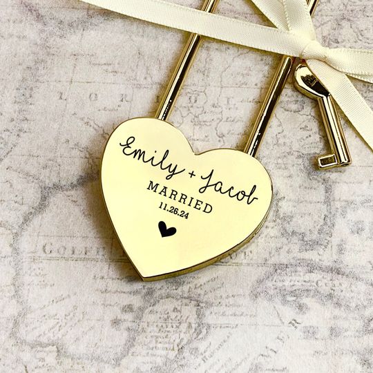 Personalized Gold Love Lock, Custom Heart Padlock, Wedding Anniversary Gift