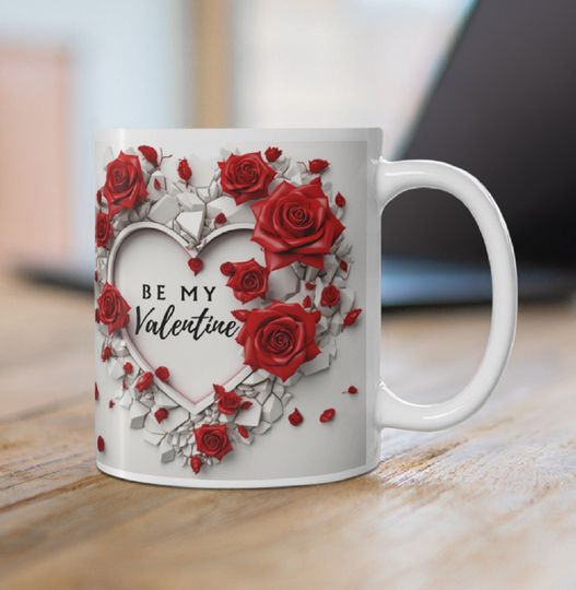 Be My Valentine Mug Wrap, 3D Heart and Red Roses Valentine Day Mug Sublimation Design, 11oz and 15oz Romantic Mug Wrap, Instant Download