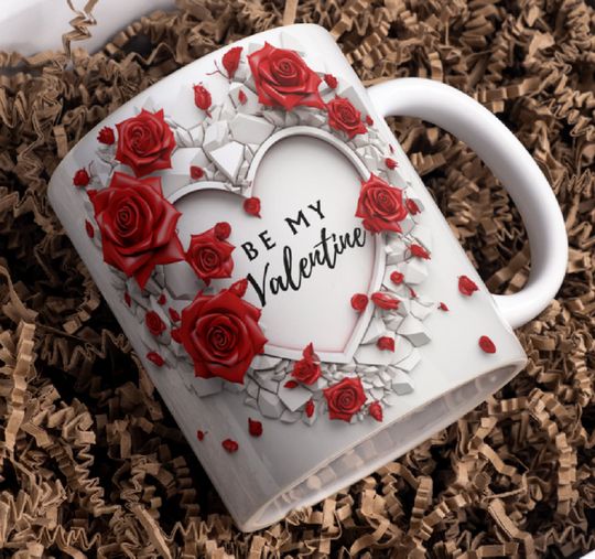 Be My Valentine Mug Wrap, 3D Heart and Red Roses Valentine Day Mug Sublimation Design, 11oz and 15oz Romantic Mug Wrap, Instant Download