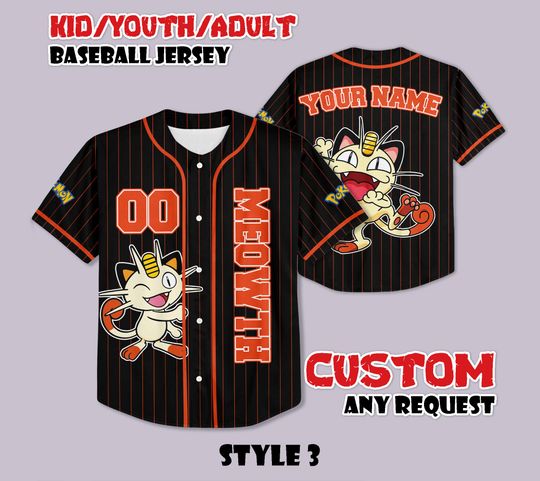 Custom Meowth Baseball Jersey, Funny Anime Jersey, Gift for Fans
