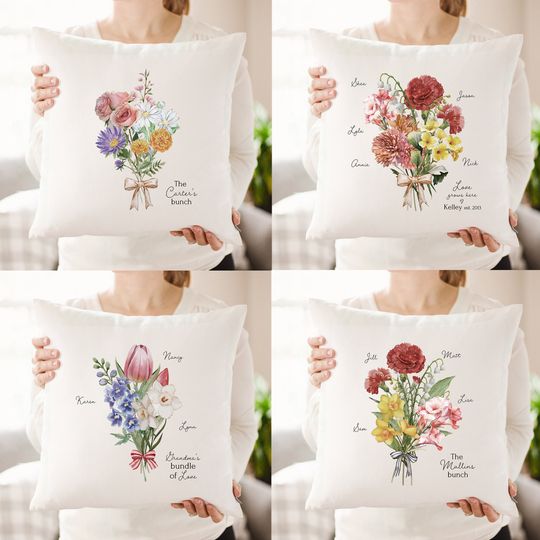 Personalized Birth Month Flower Bouquet Pillow - Custom Linen Gift