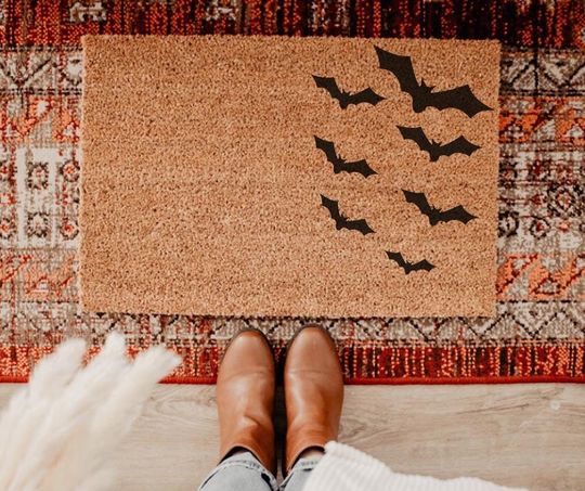Flying Bats Halloween Door Mat: Hand-Painted Coir Entry Mat