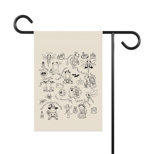 Subtle Anti-Trump Garden Flag - Frog Dragonfly Turtle Halloween Doodle