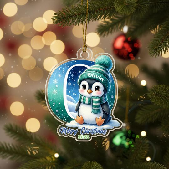 Personalised Penguin Letter Ornament for Christmas, Kids Name Stocking Tag, Winter Holiday Keepsake
