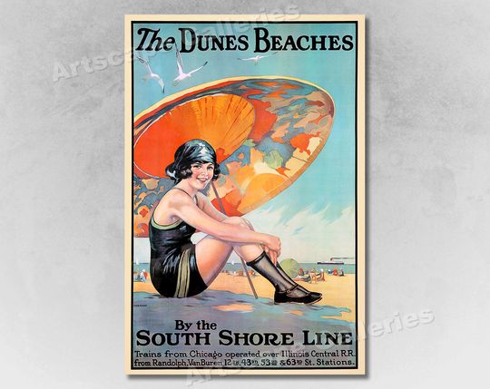 Dunes Beach - 1920s South Shore Line Vintage Style Travel Poster
