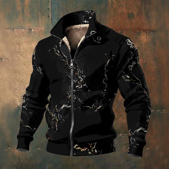 Pitch Black Desert Marble - Men's Thick Knit Fleece Jacket: White beige gold