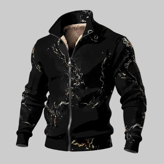 Pitch Black Desert Marble - Men's Thick Knit Fleece Jacket: White beige gold