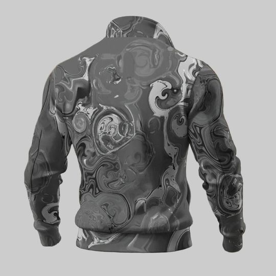 Gray Chrome - Men's Thick Knit Fleece Jacket: Gray white silver black abstract spirals