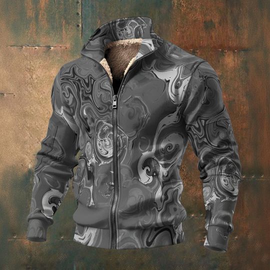 Gray Chrome - Men's Thick Knit Fleece Jacket: Gray white silver black abstract spirals