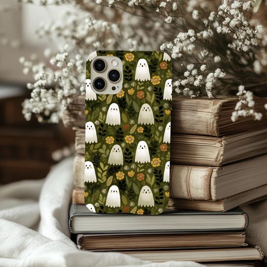 Spooky Cute Ghost iPhone Case  Cottagecore Floral Fall Phone Cover  Tough Protective Case for iPhone 15, 14, 13, 12 and More