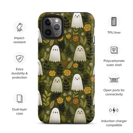 Spooky Cute Ghost iPhone Case  Cottagecore Floral Fall Phone Cover  Tough Protective Case for iPhone 15, 14, 13, 12 and More