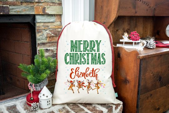 Personalized Santa Sack  Dancing Reindeer Christmas Gift Bag