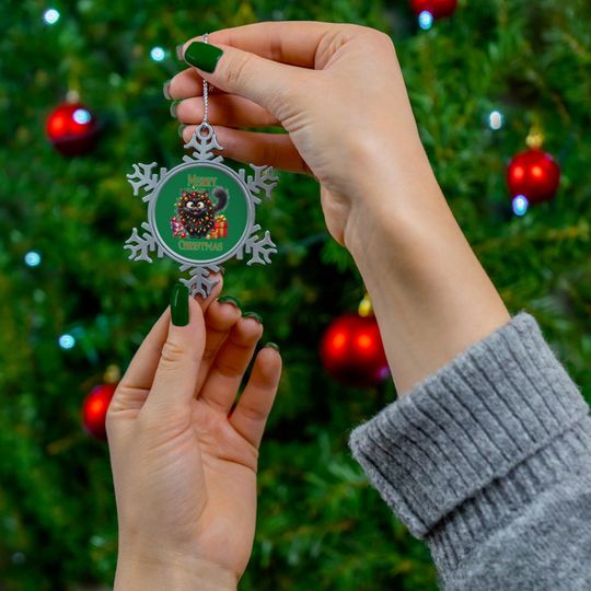 Pewter Snowflake Ornament, Playful Cat Christmas Tree Decoration